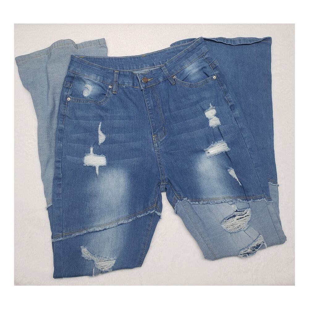 Two-Tone Blue Flare Jeans L High Rise Distressed Raw Hem Denim Boho Chic